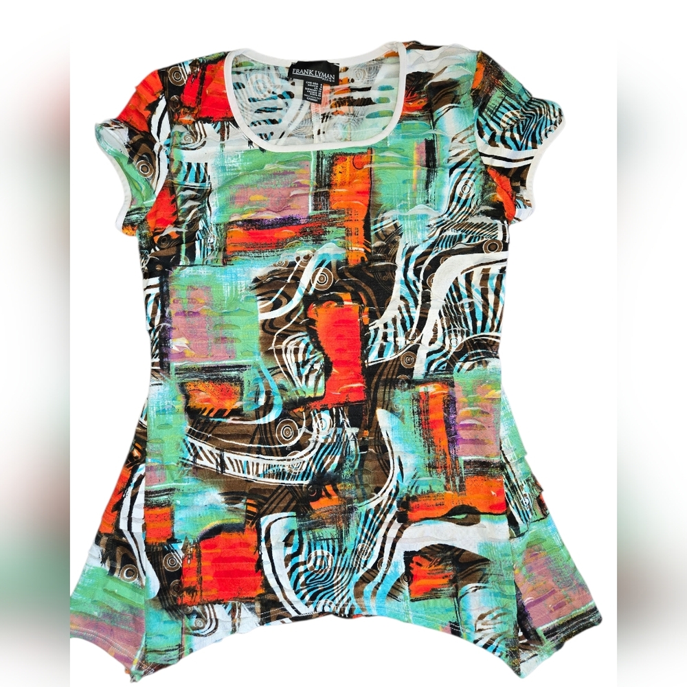 Frank Lyman Design Turquoise, Orange & Black Abstract Print Tunic